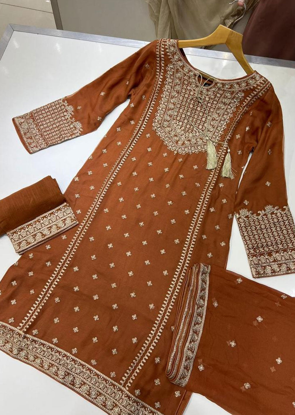 ZN9892 - Rust Readymade Embroidered Chiffon Suit - Memsaab Online