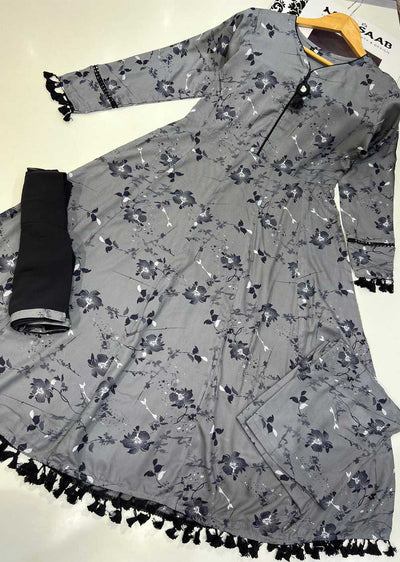 RGZ9907 Grey Linen Printed Dress - Memsaab Online