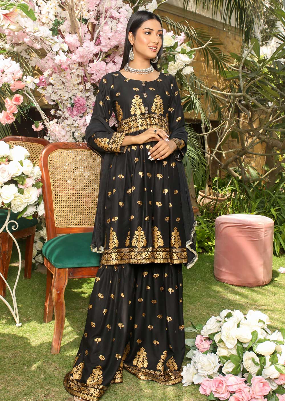 HK197 Anari Readymade Black Linen Peplum Suit - Memsaab Online