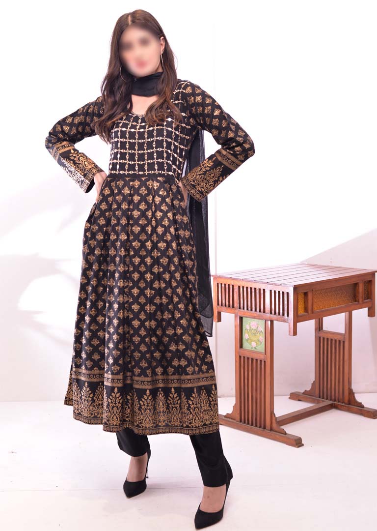 HK56 Bariqa - Black Embroidered Linen Frock - Memsaab Online