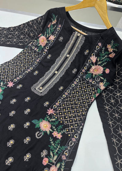 HK110 Safia - Black Readymade Linen Suit - Memsaab Online