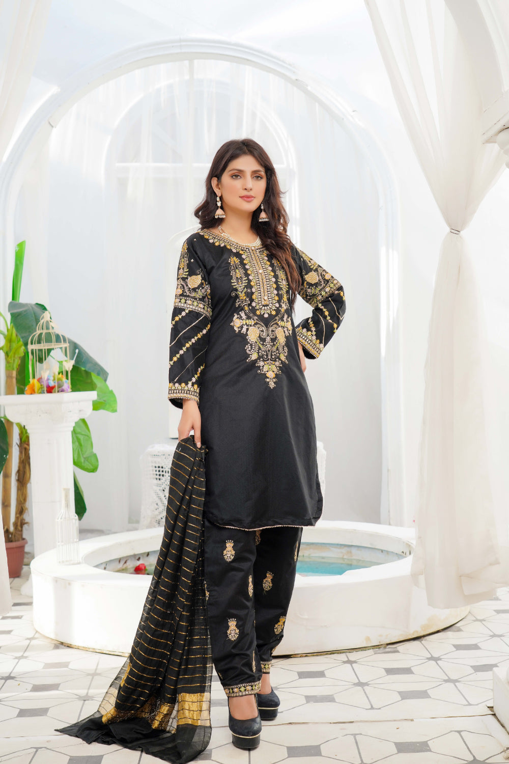 KLD128 Black Readymade Winter Cotton Net Suit - Memsaab Online