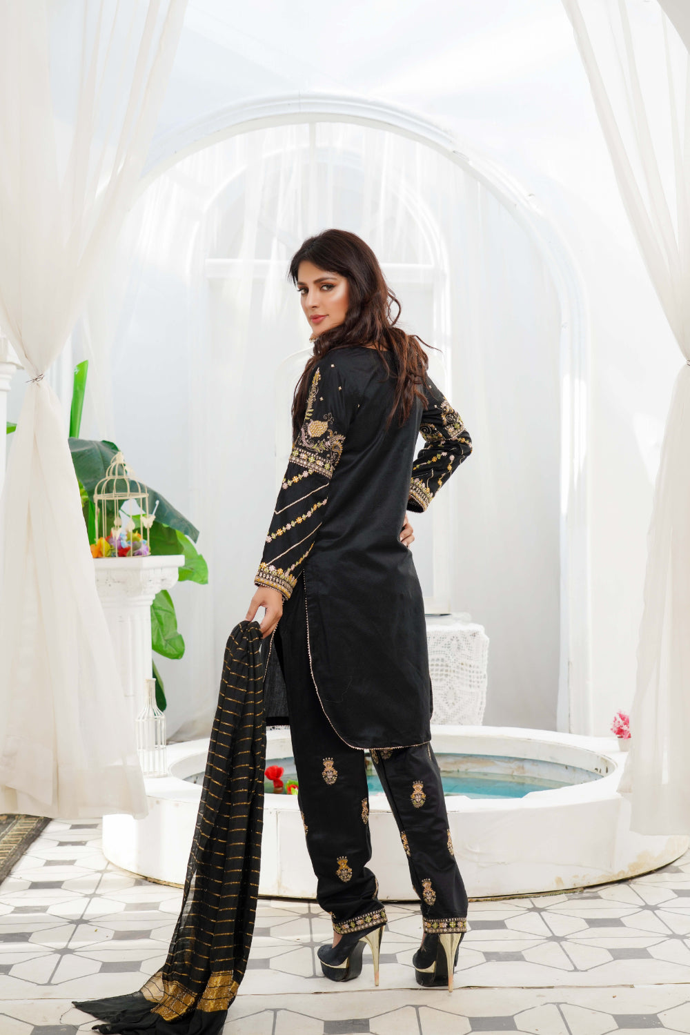 KLD128 Black Readymade Winter Cotton Net Suit - Memsaab Online