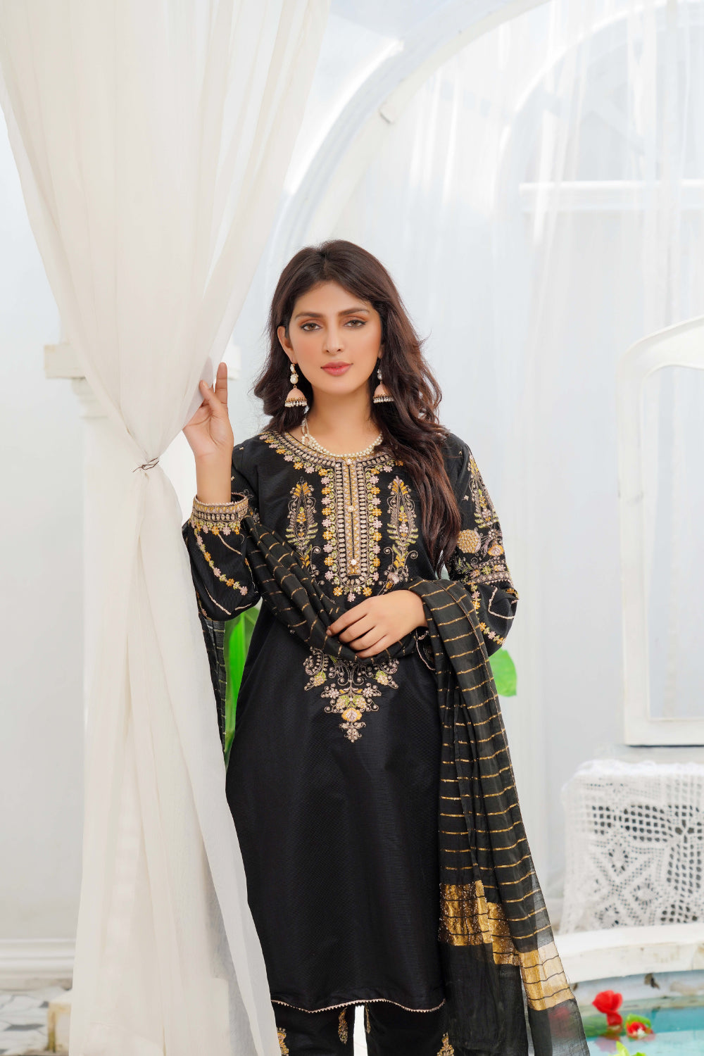 KLD128 Black Readymade Winter Cotton Net Suit - Memsaab Online