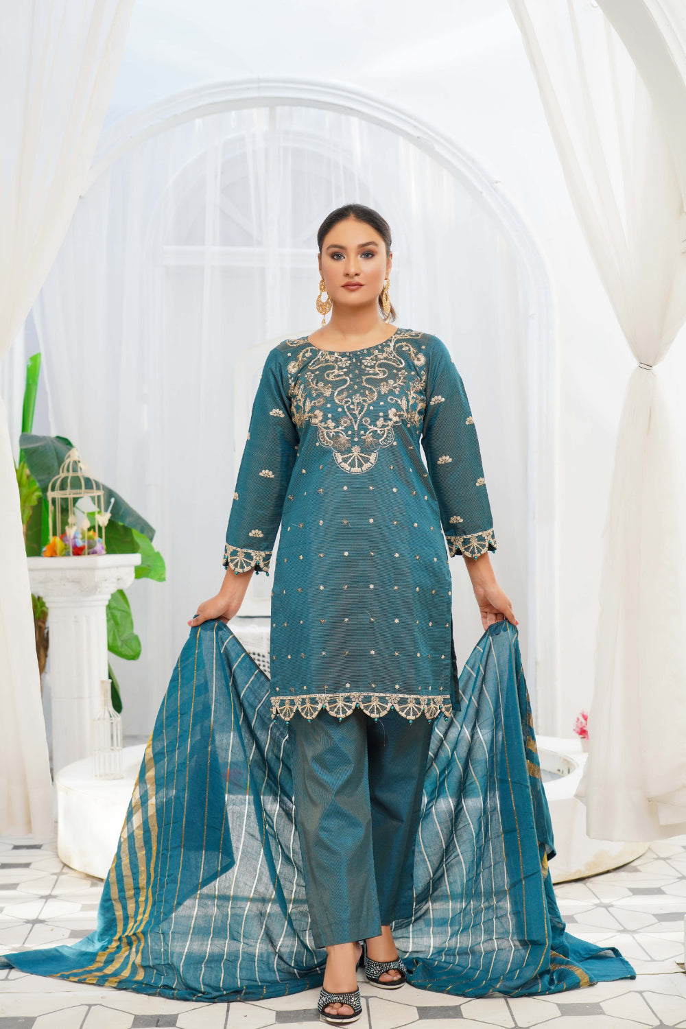 KLD121 Teal Readymade Winter Cotton Net Suit - Memsaab Online