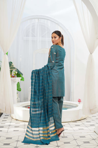 KLD121 Teal Readymade Winter Cotton Net Suit - Memsaab Online