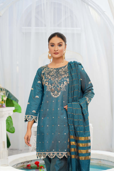 KLD121 Teal Readymade Winter Cotton Net Suit - Memsaab Online