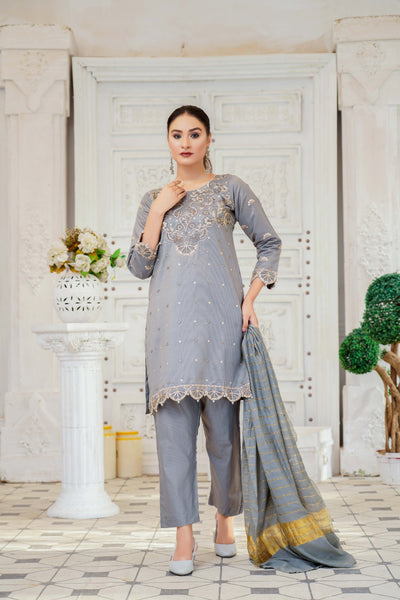 KLD121 Grey Readymade Winter Cotton Net Suit - Memsaab Online