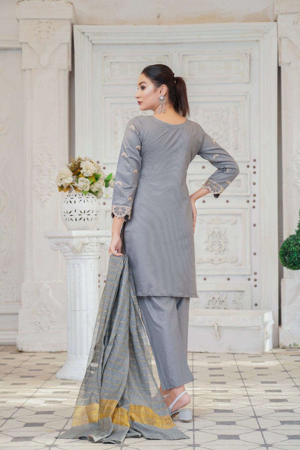 KLD121 Grey Readymade Winter Cotton Net Suit - Memsaab Online