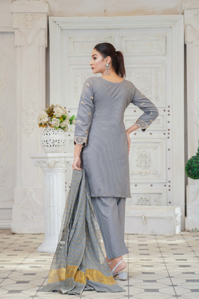 KLD121 Grey Readymade Winter Cotton Net Suit - Memsaab Online