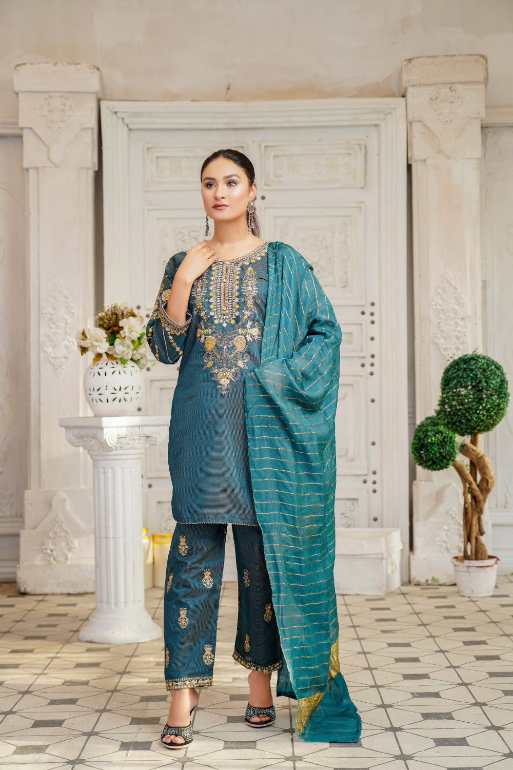 KLD128 Teal Readymade Winter Cotton Net Suit - Memsaab Online