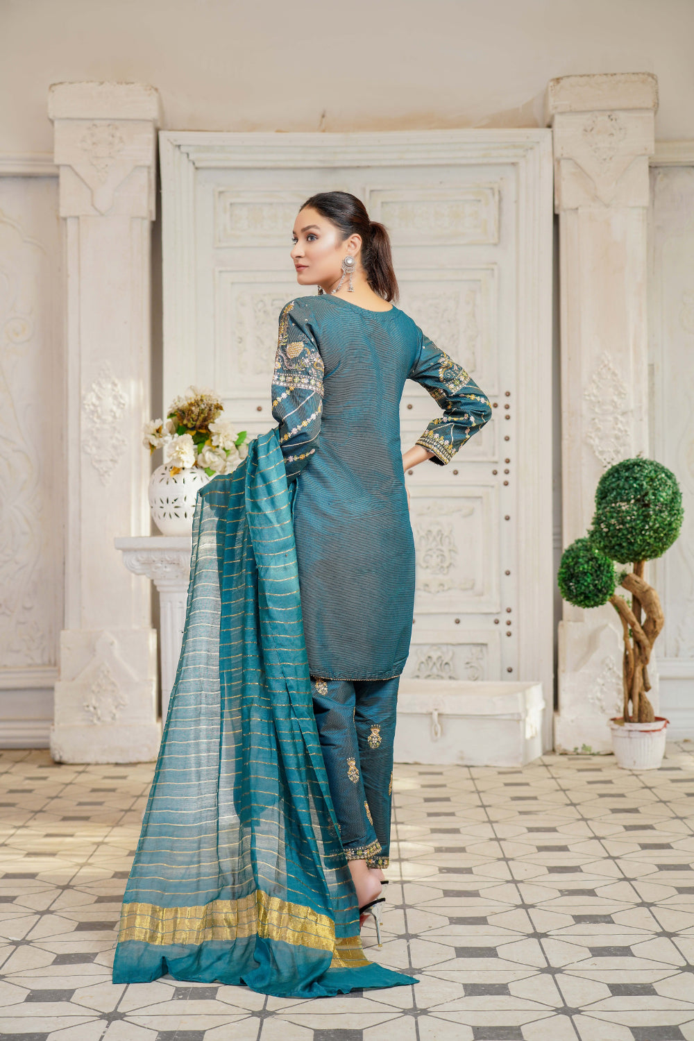 KLD128 Teal Readymade Winter Cotton Net Suit - Memsaab Online