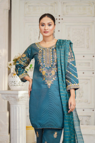 KLD128 Teal Readymade Winter Cotton Net Suit - Memsaab Online