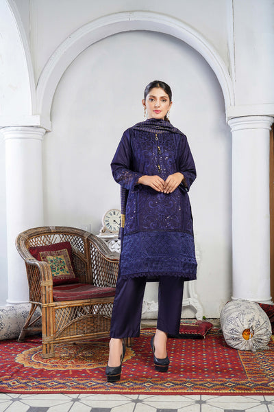 KLD127 Navy Readymade Winter Cotton Net Suit - Memsaab Online