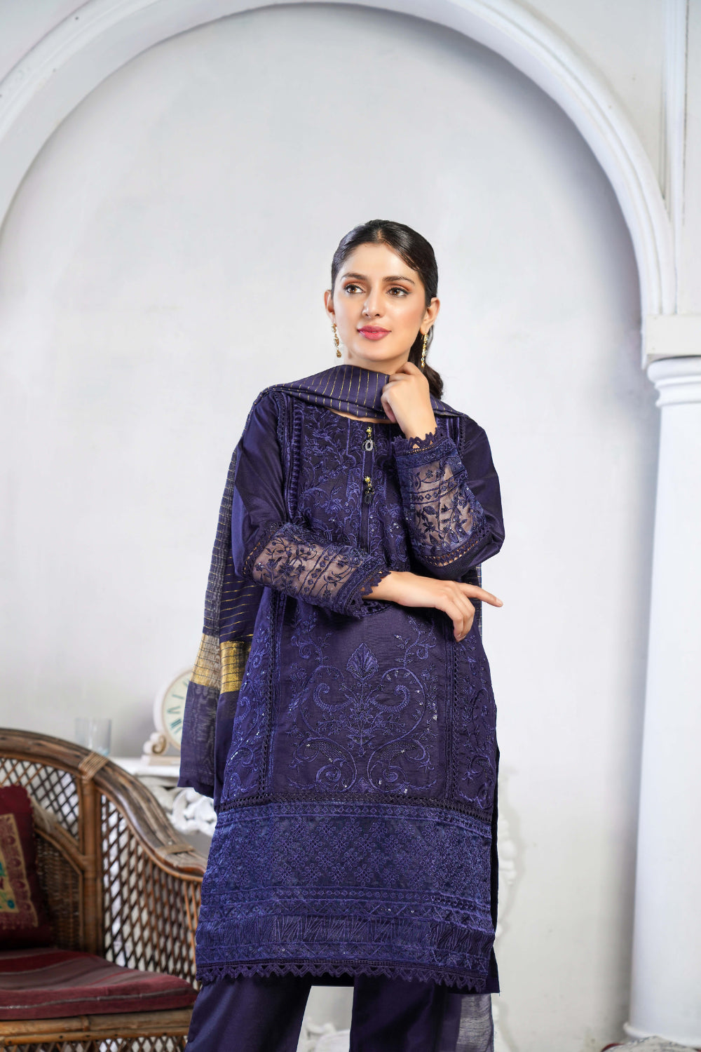 KLD127 Navy Readymade Winter Cotton Net Suit - Memsaab Online