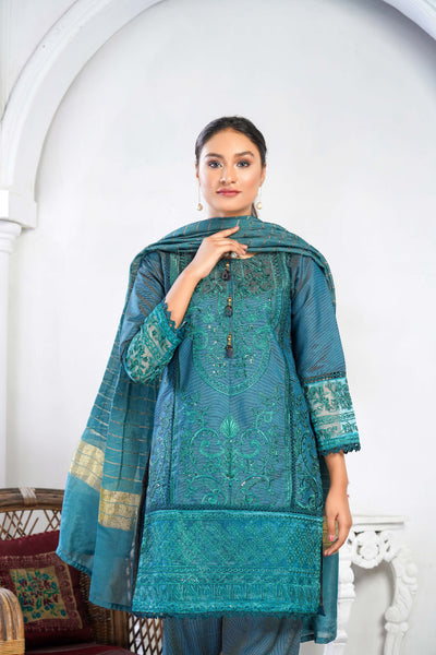 KLD127 Green Readymade Winter Cotton Net Suit - Memsaab Online