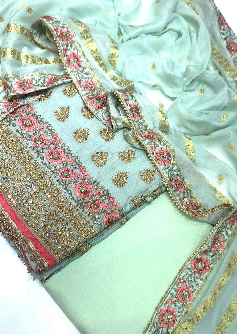 OP3808 Mint - Unstitched Banarsi Suit - Memsaab Online