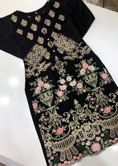 HK08 Readymade Black Mother & Daughter Embroidered Linen Suit - Memsaab Online