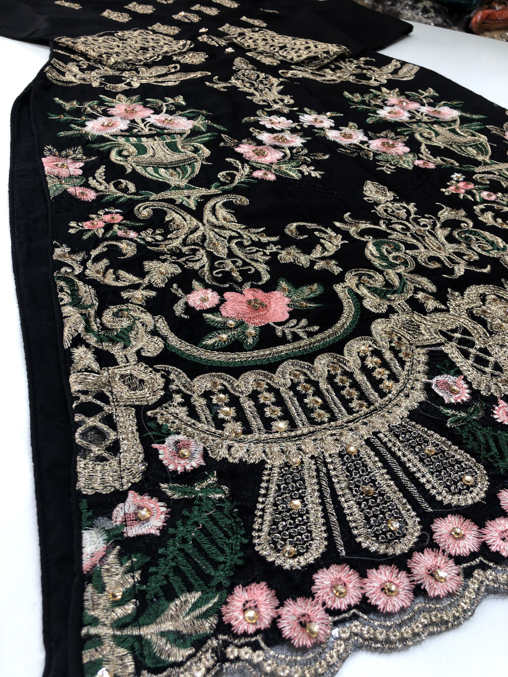 HK08 Readymade Black Mother & Daughter Embroidered Linen Suit - Memsaab Online