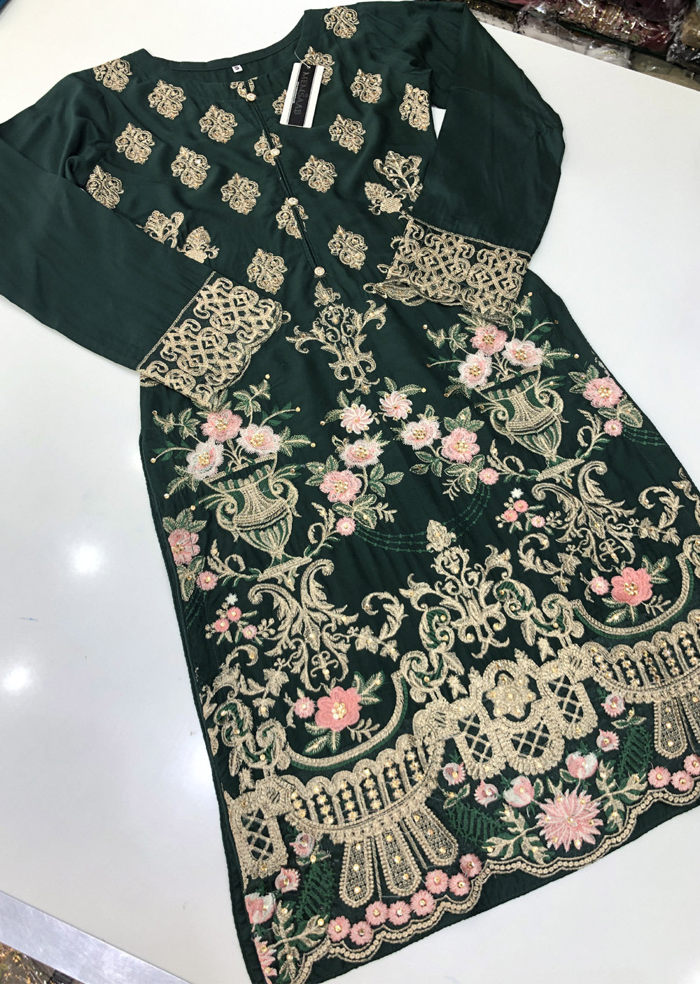 HK08 Readymade Bottle Green Mother & Daughter Embroidered Linen Suit - Memsaab Online