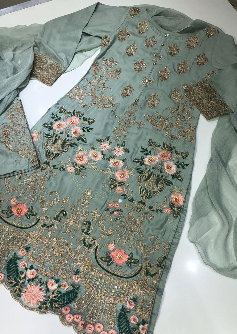 HK08 Readymade Mint Mother & Daughter Embroidered Linen Suit - Memsaab Online