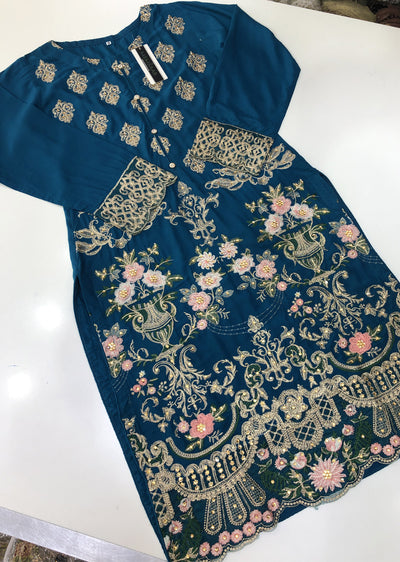HK08 Readymade Teal Embroidered Linen Suit - Memsaab Online
