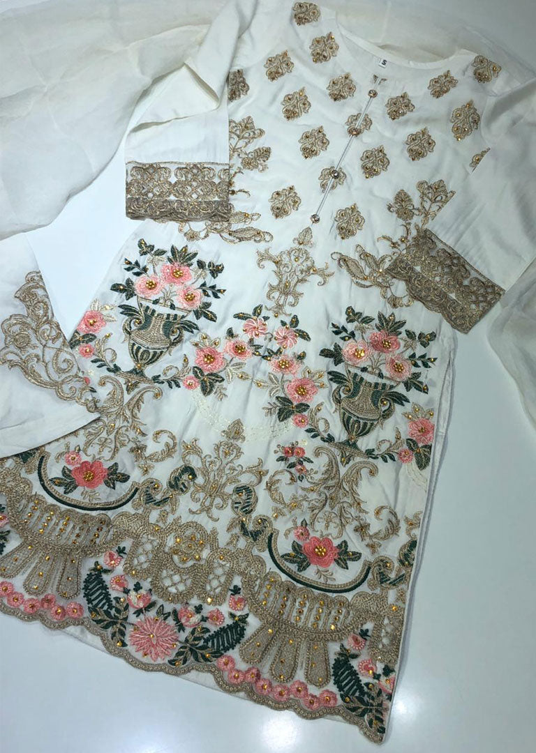 HK08 Readymade White Mother & Daughter Embroidered Linen Suit - Memsaab Online