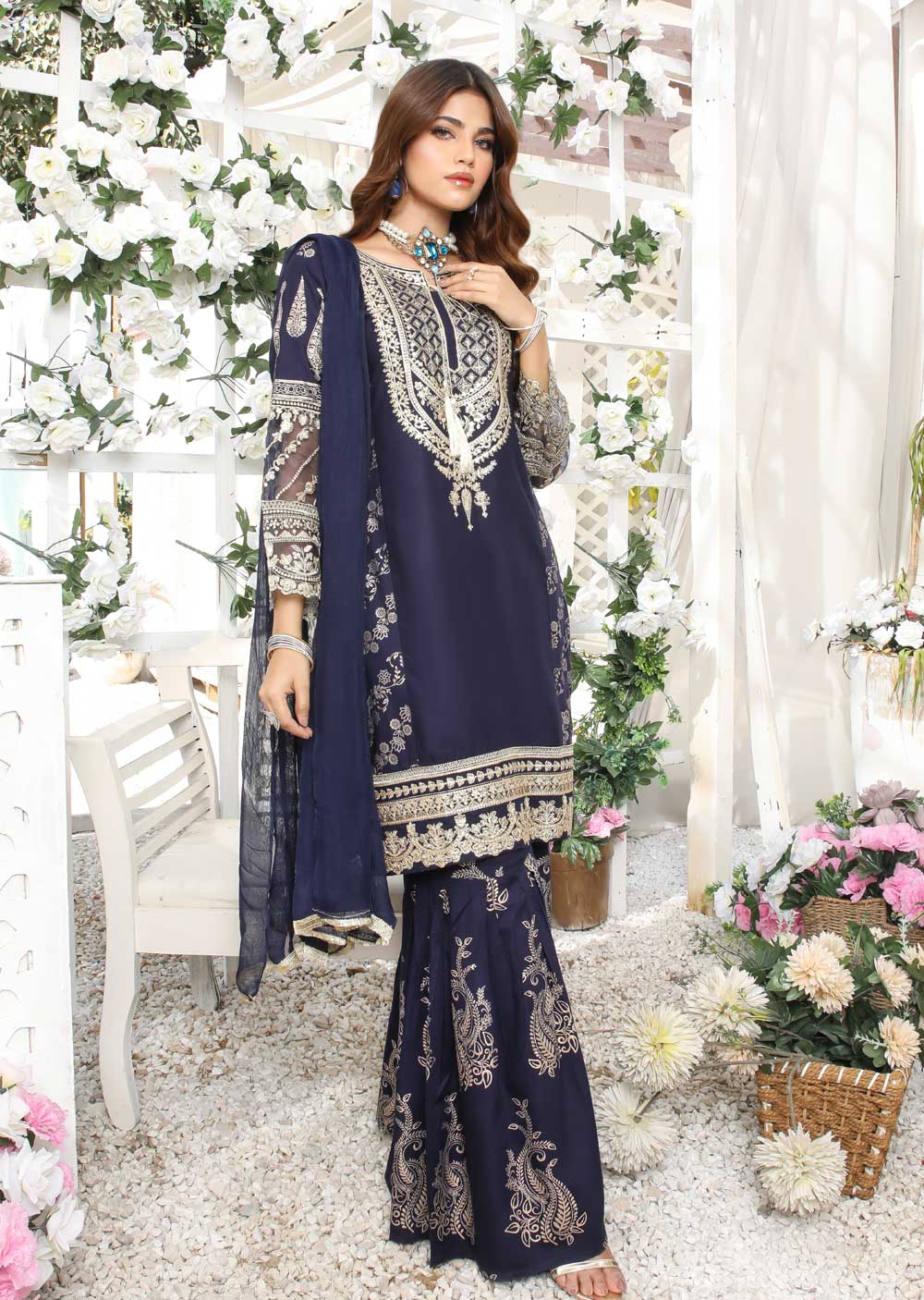HK181 Bekhud Readymade Navy Linen Mother & Daughter Suit - Memsaab Online