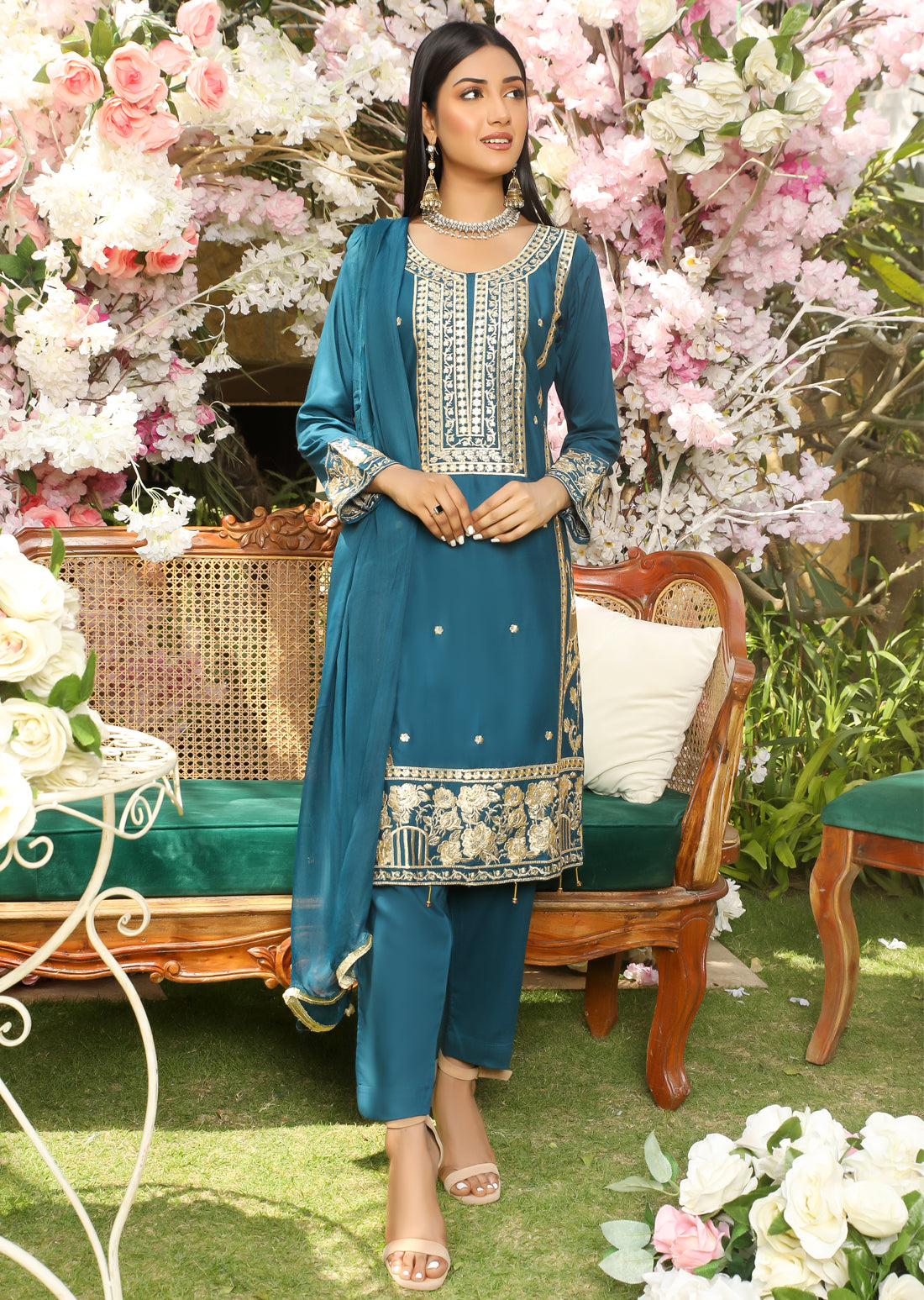 HK191 Maheer Readymade Teal Linen Suit - Memsaab Online