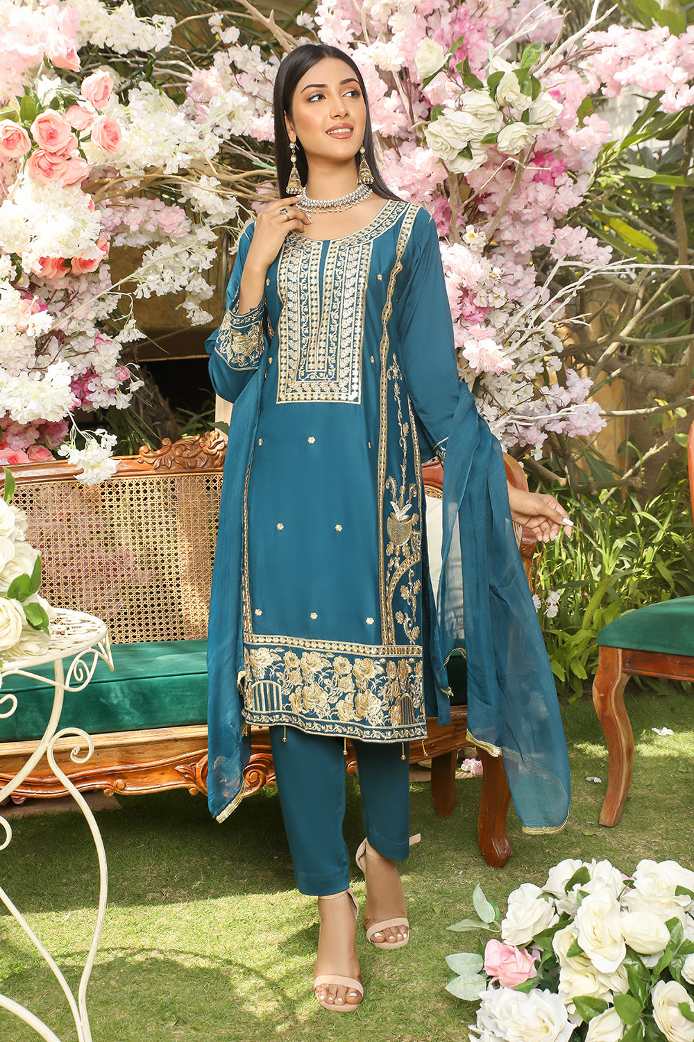 HK191 Maheer Readymade Teal Linen Suit - Memsaab Online