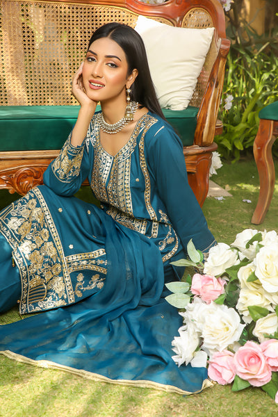 HK191 Maheer Readymade Teal Linen Suit - Memsaab Online