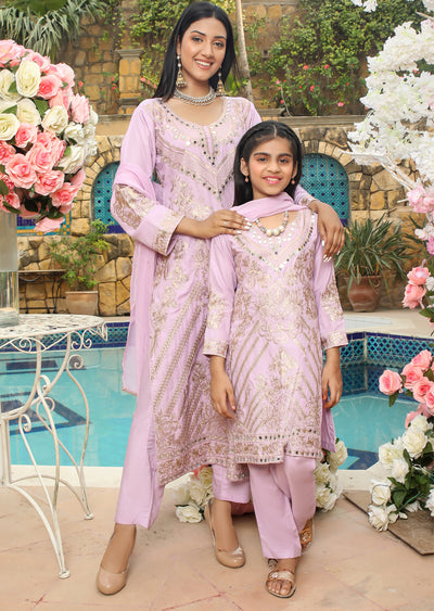 HK192 Barzakh Lilac Readymade Linen Mother & Daughter Suit - Memsaab Online