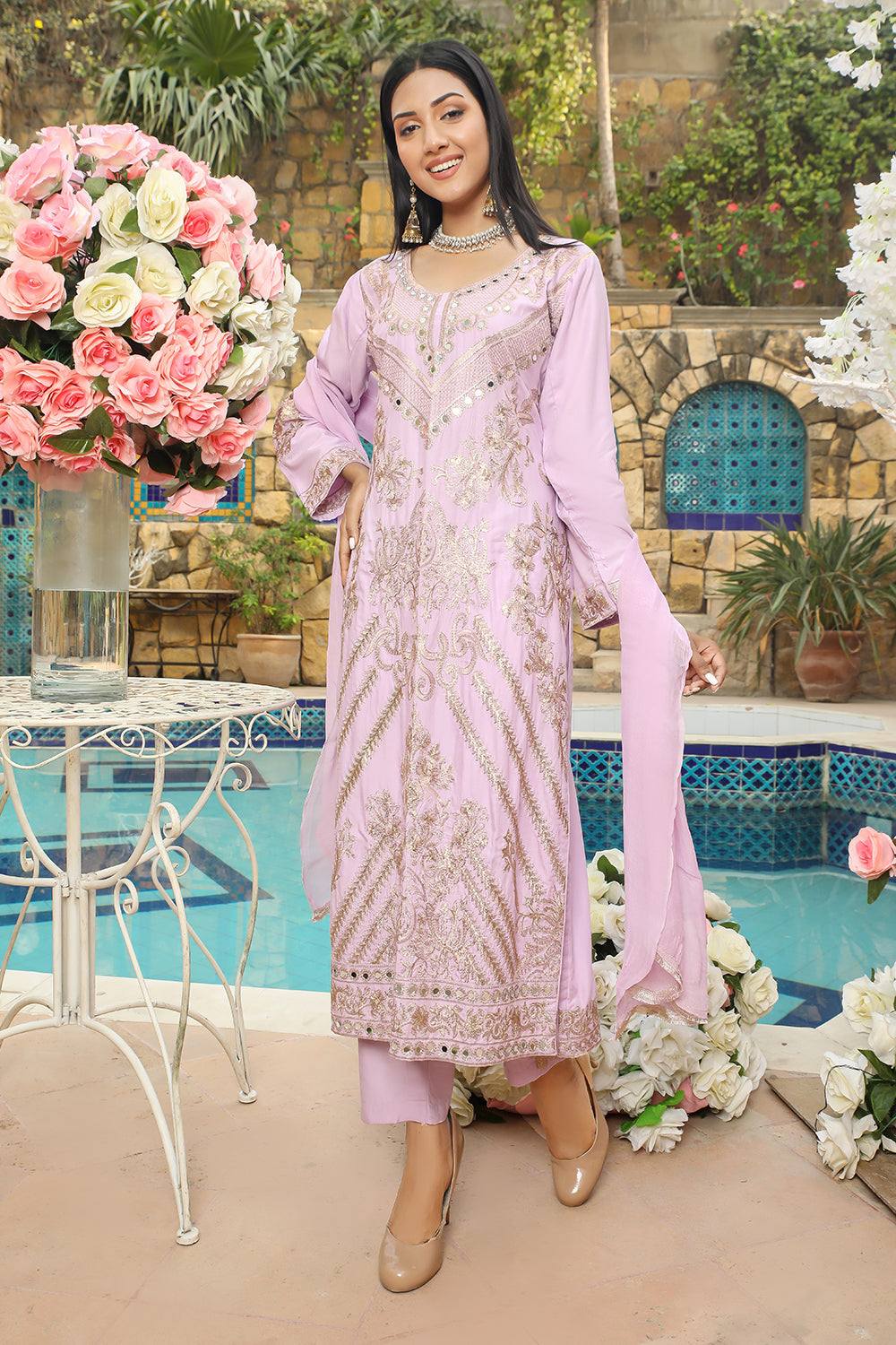 HK192 Barzakh Lilac Readymade Linen Mother & Daughter Suit - Memsaab Online