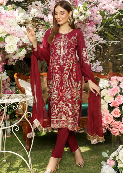 HK198 Dhirar - Readymade Maroon Linen Suit - Memsaab Online