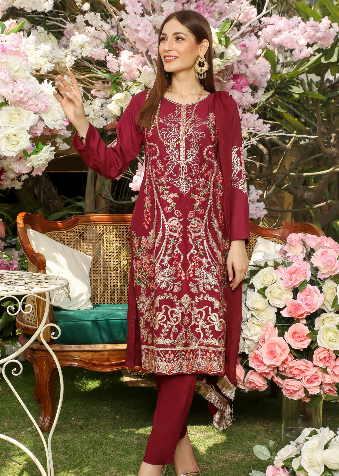 HK198 Dhirar - Readymade Maroon Linen Suit - Memsaab Online