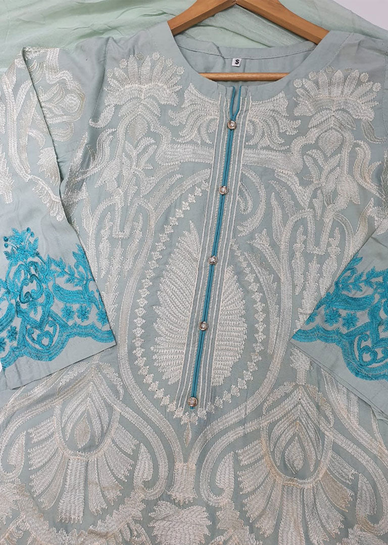HK34 Mint Readymade Embroidered Linen Suit - Memsaab Online