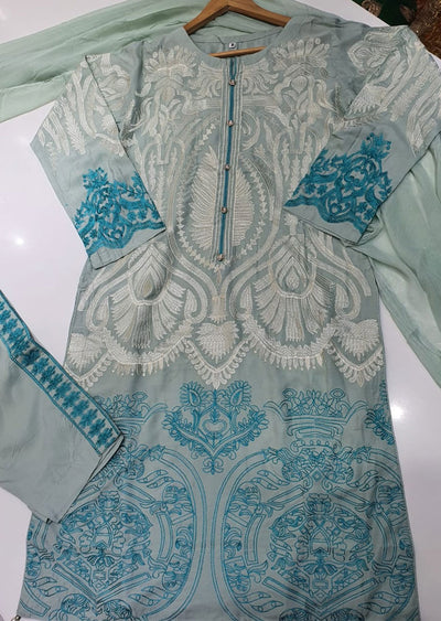 HK34 Mint Readymade Embroidered Linen Suit - Memsaab Online