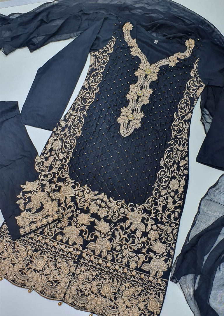 HK36 Black Linen Embroidered Suit - Memsaab Online