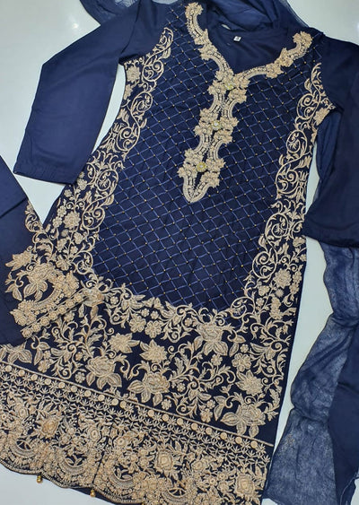 HK36 Blue Linen Embroidered Suit - Memsaab Online