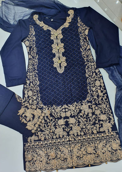 HK36 Blue Linen Embroidered Suit - Memsaab Online