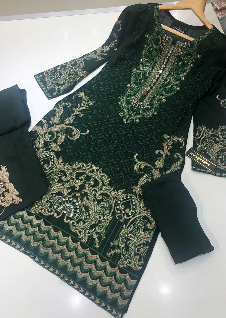 HK60 Tamanna - Green Emboirdered Linen Suit - Memsaab Online