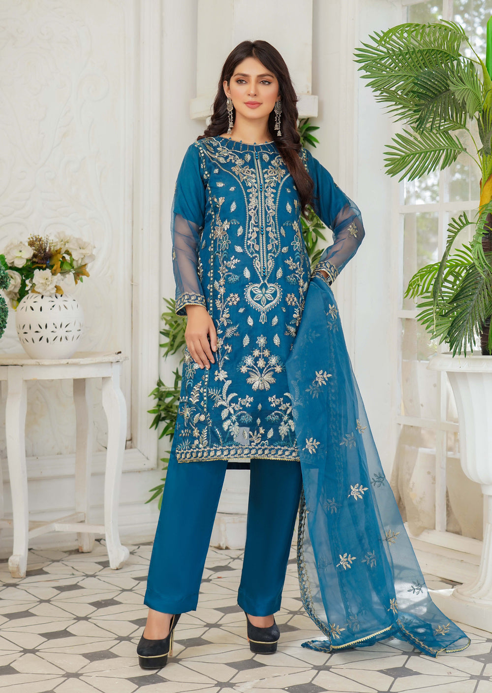 KLD120 Teal Readymade Organza Suit – Memsaab