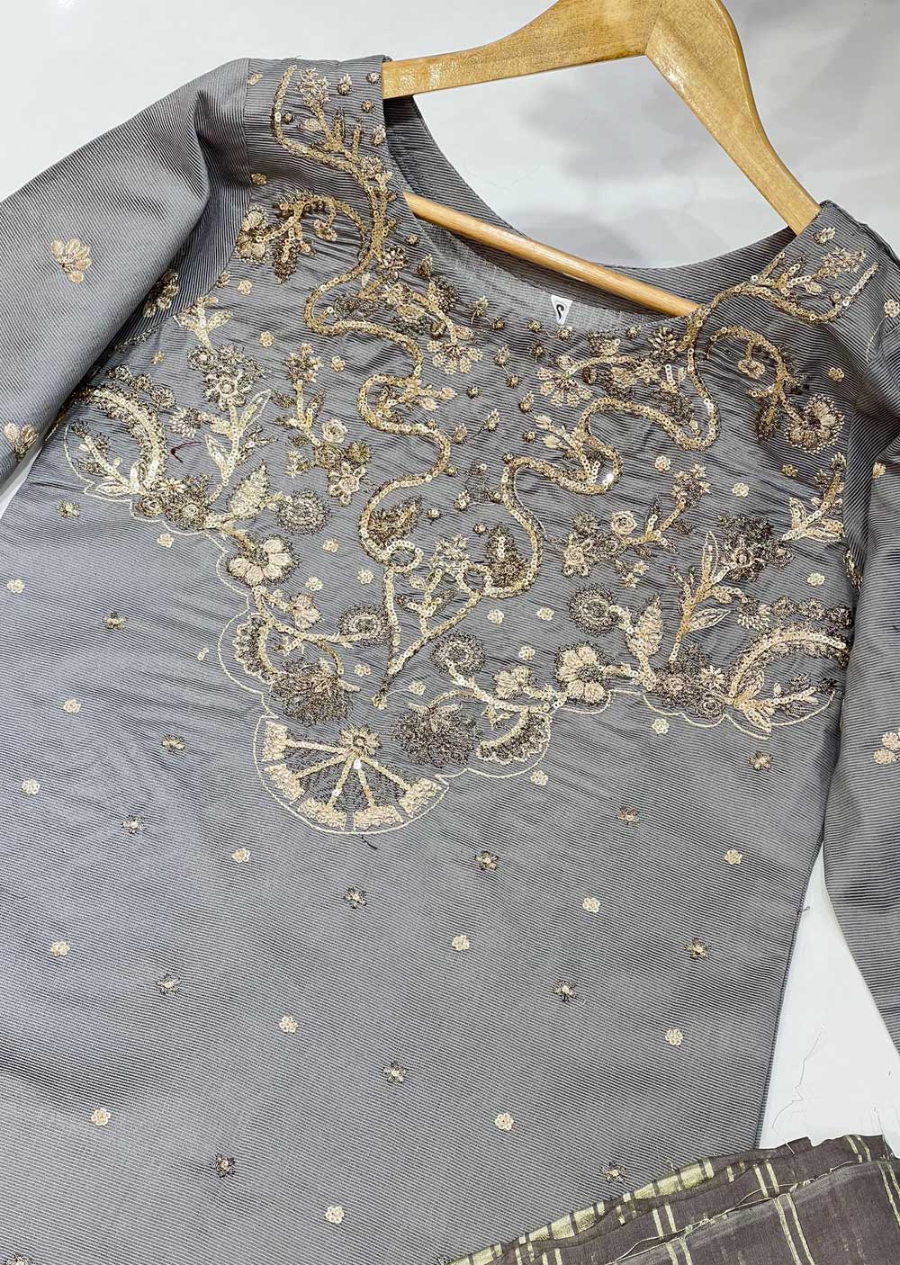 KLD121 Grey Readymade Winter Cotton Net Suit - Memsaab Online