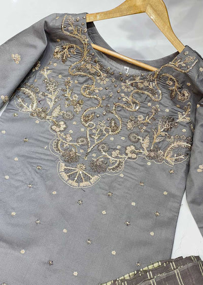 KLD121 Grey Readymade Winter Cotton Net Suit - Memsaab Online
