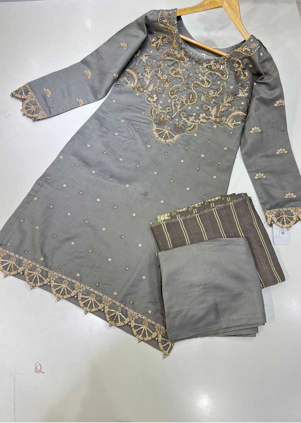 KLD121 Grey Readymade Winter Cotton Net Suit - Memsaab Online