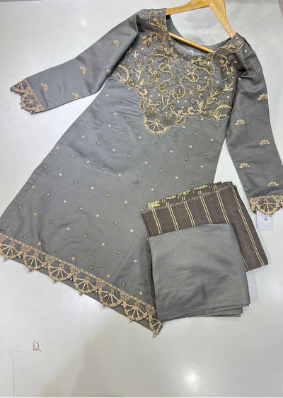 KLD121 Grey Readymade Winter Cotton Net Suit - Memsaab Online