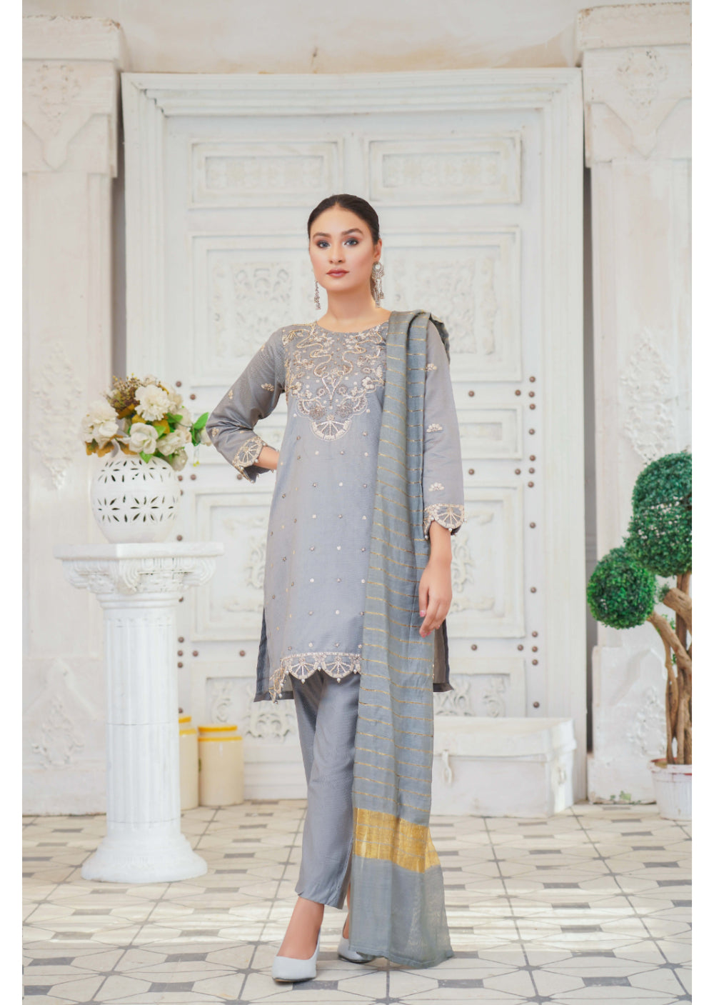 KLD121 Grey Readymade Winter Cotton Net Suit - Memsaab Online