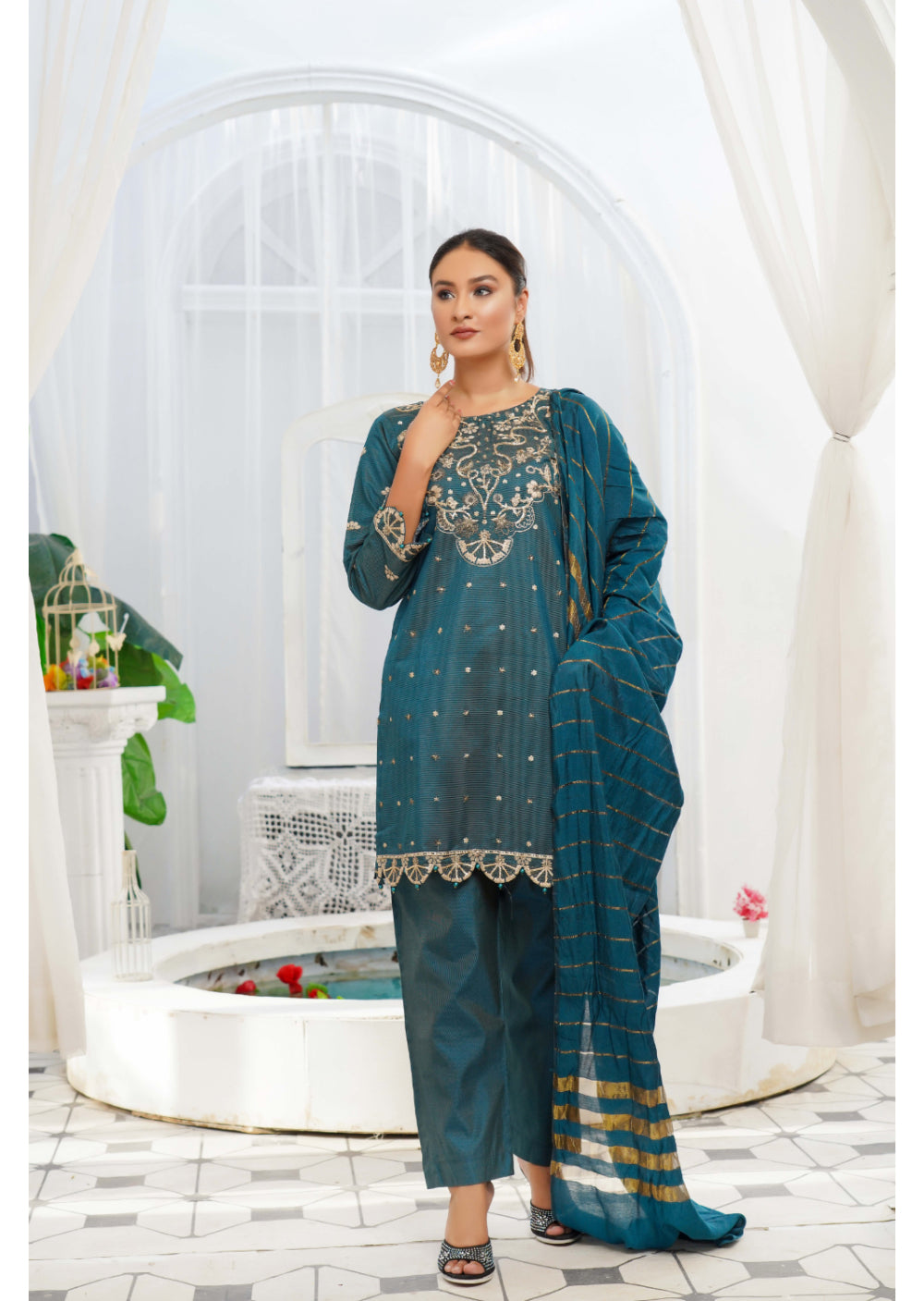 KLD121 Teal Readymade Winter Cotton Net Suit - Memsaab Online