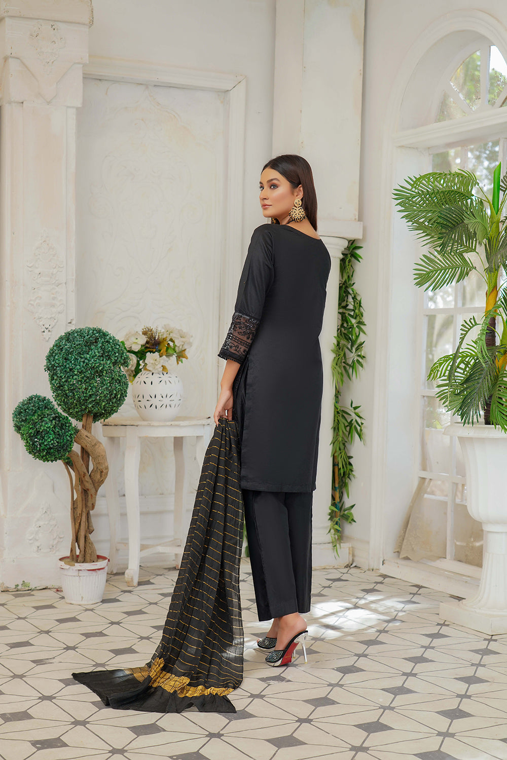 KLD127 Black Readymade Winter Cotton Net Suit - Memsaab Online