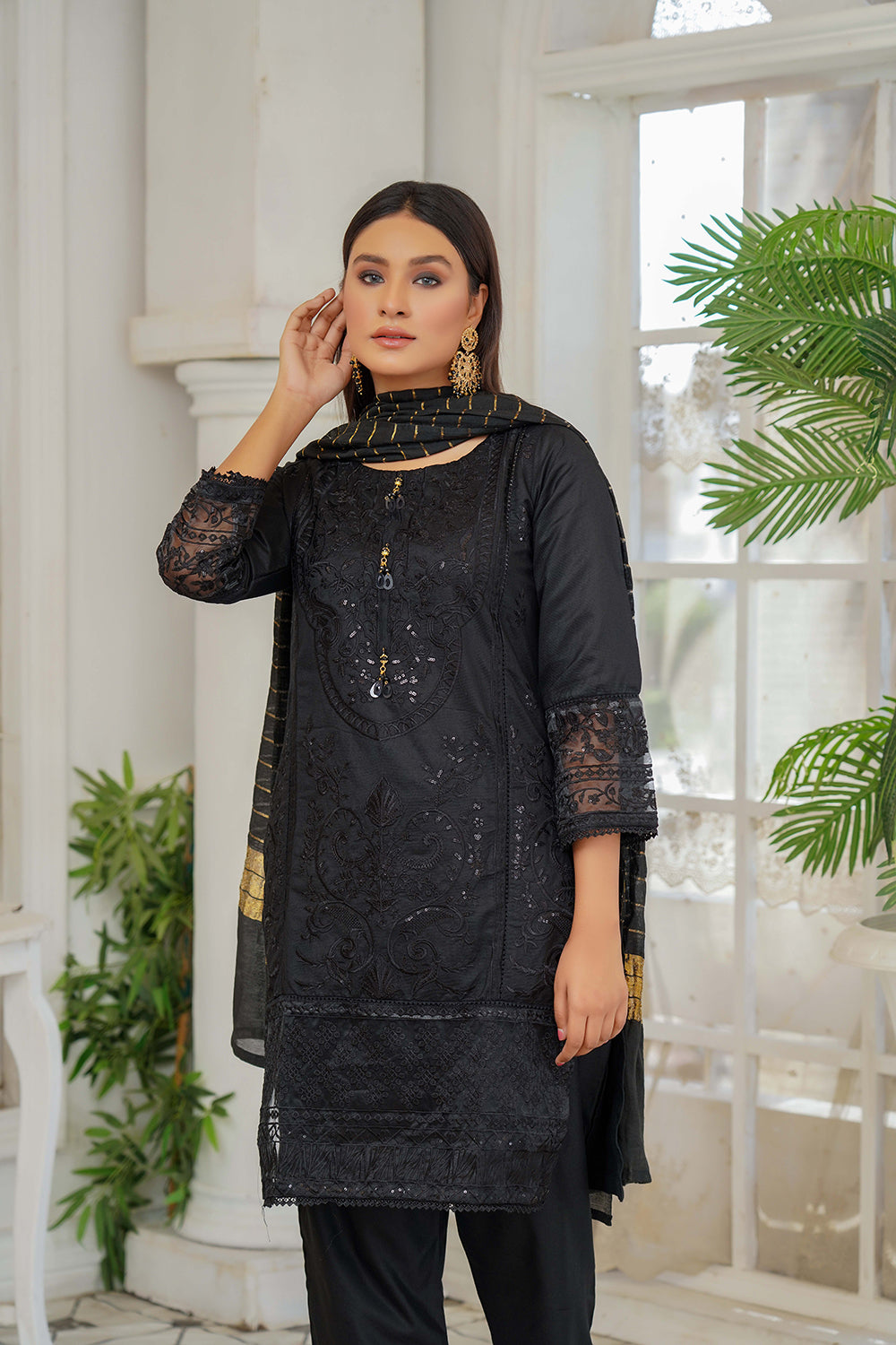 KLD127 Black Readymade Winter Cotton Net Suit - Memsaab Online